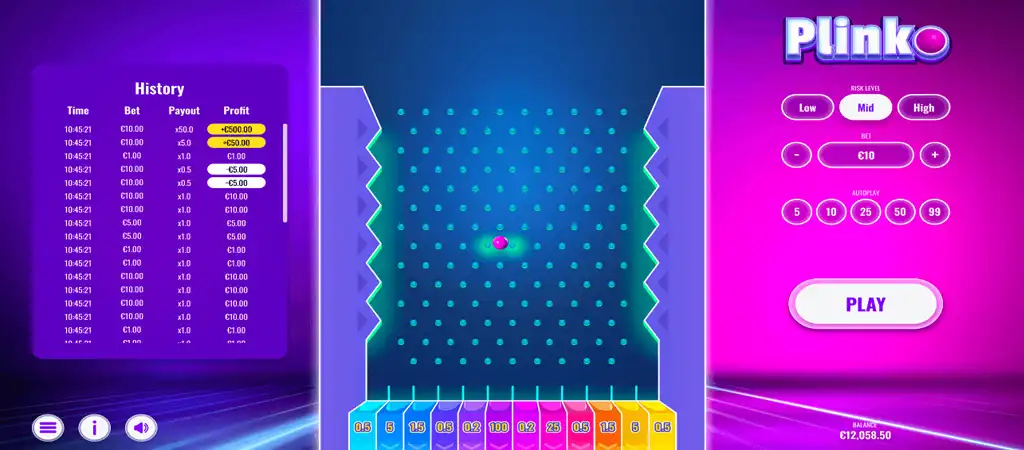 Elemen gameplay dan riwayat taruhan Plinko.